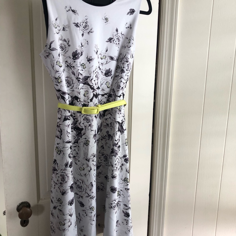 White House Black Market White Floral Midi Dress with Yellow Belt